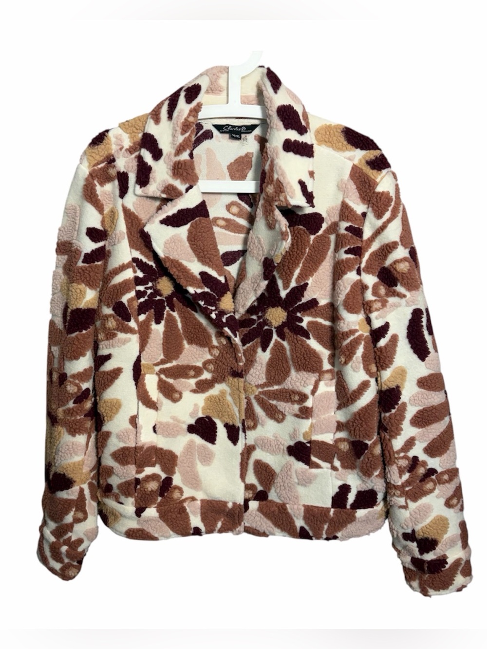 Charlie B Sherpa Flocked Fleece Short Jacket Floral Textured Print XL